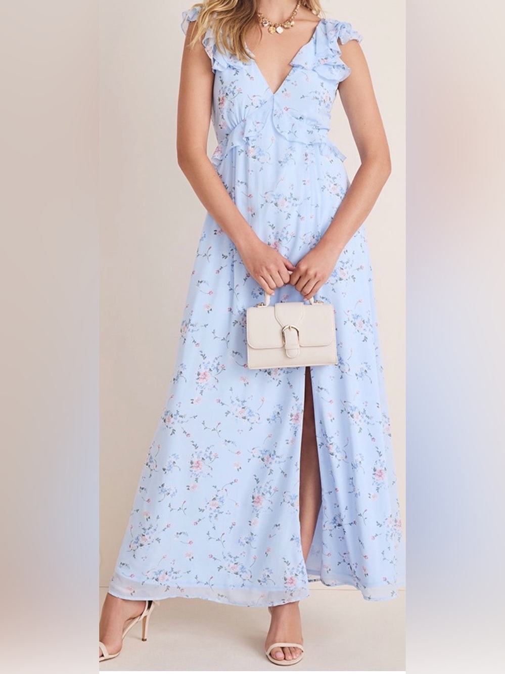 Francesca’s Kadence Bow-Back Blue Floral Maxi Dress XS